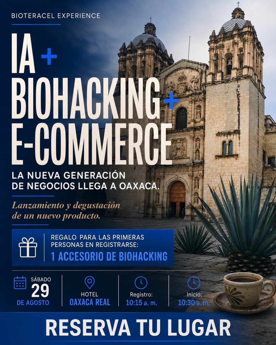 Flyer oficial del evento: IA + Biohacking + E-commerce, sábado 29 de agosto en Oaxaca